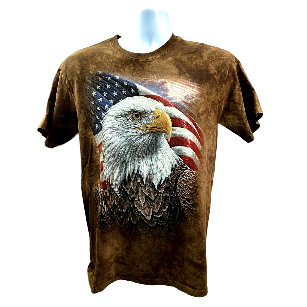 The Mountain Bald Eagle American Flag Brown Tie Dye Vintage T Shirt Adult Medium
